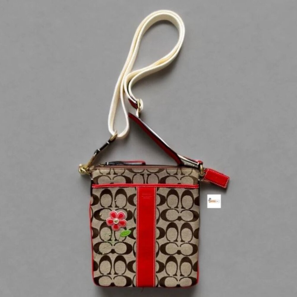 Coach Signature Red Leather Swingpack Flower Applique Crossbody Bag 41177